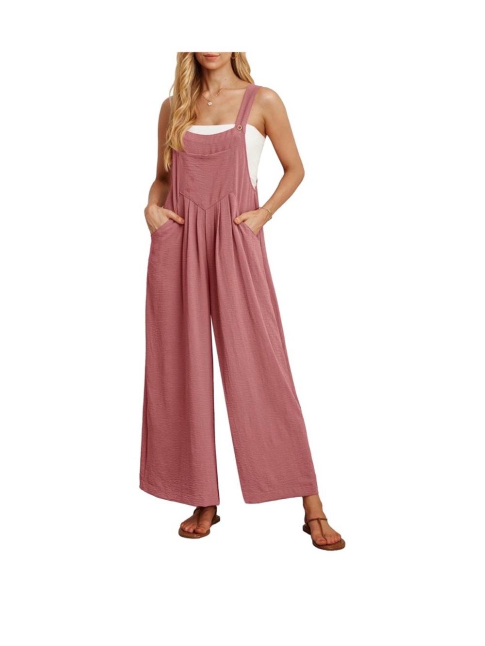 Pink Wide Leg Jumpsuit Overalls Romper Country Cottage Boho Pockets Adjustable M